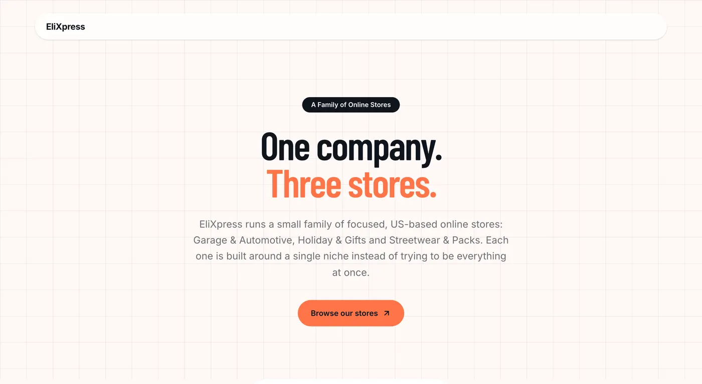 The elixpress.shop home page: One company. Three stores.